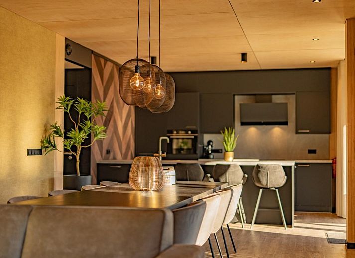 Stylish interior of Bos Villa in Maasbree, North Limburg. Luxury vacation home for 8 with modern furnishings and spacious dining area.