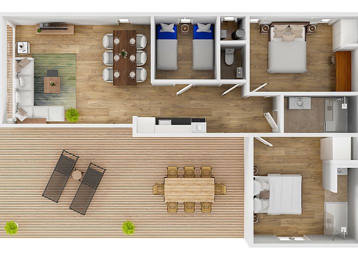 Stijlvolle woonkamer van Bos Cottage in Maasbree, Noord Limburg, een knus vakantiehuis voor 6 personen met modern design.