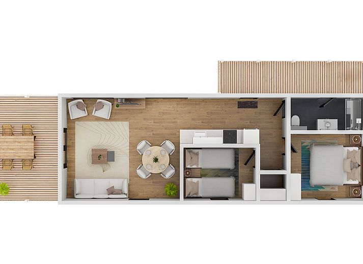 Moderne Kueche im Water Cube in Maasbree, Nord-Limburg, mit Blick auf den gruenen Garten.