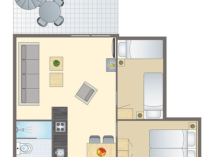 Plattegrond van De Lommerbergen 4-persoons bungalow 4B4PT in Reuver, Noord Limburg, met moderne indeling en ruim terras.