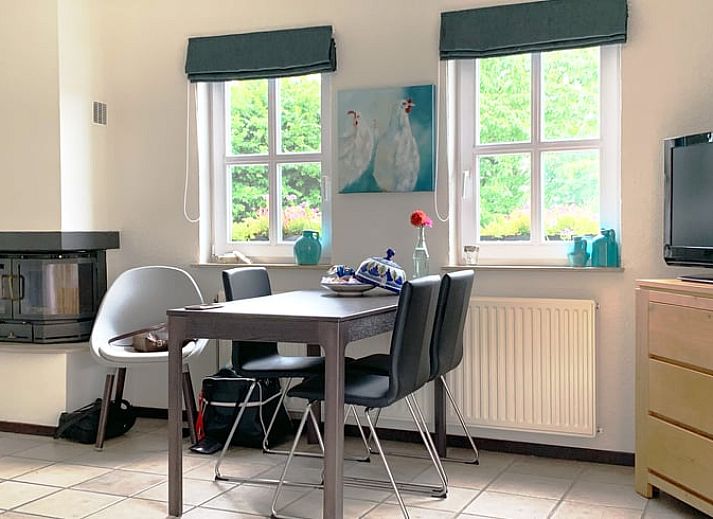 Sunny terrace at Cottage in Epen, South Limburg, vacation home with inviting seating area and colorful flowers.