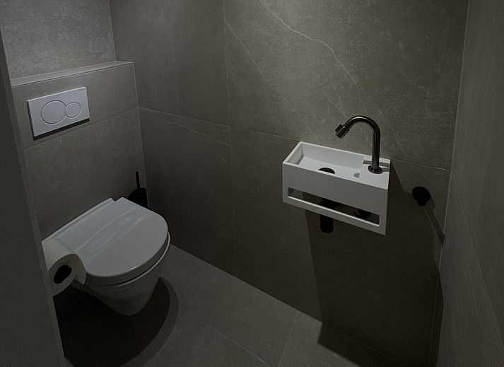 Modernes Badezimmer im Ferienhaus L329 in Epen, Suedlimburg, mit stilvollem Waschbecken und grossem Spiegel fuer einen luxurioesen Aufenthalt.