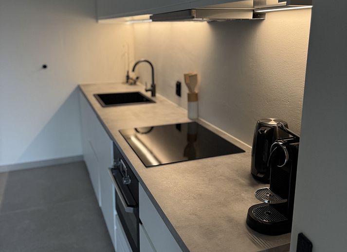 Modernes Badezimmer im Ferienhaus L329 in Epen, Suedlimburg, mit stilvollem Waschbecken und grossem Spiegel fuer einen luxurioesen Aufenthalt.