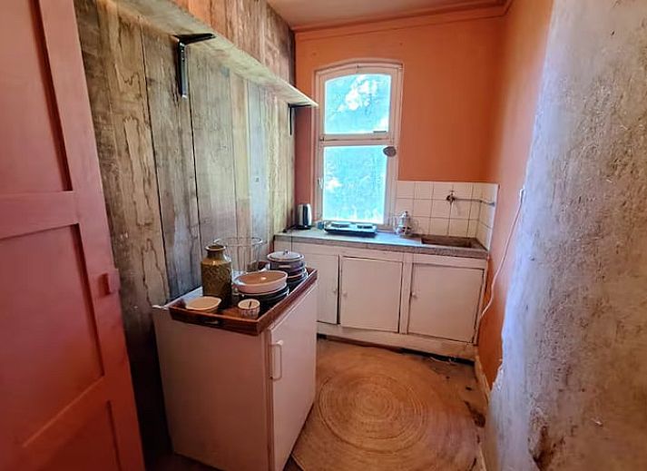 Eetgedeelte in Vakantiehuis in Heerlen, Zuid Limburg met rustieke tafel en groene planten.