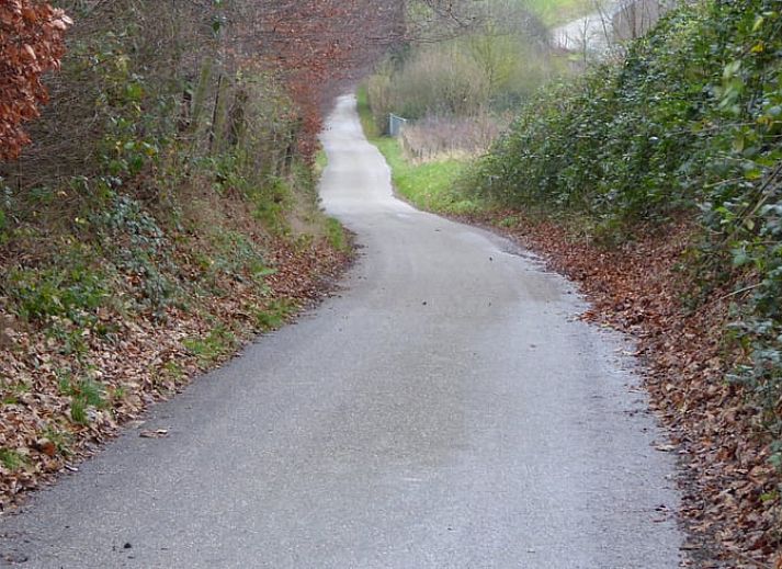 Sonnige Terrasse mit Sonnenschirm im Ferienhaus in Valkenburg aan de Geul, Suedlimburg.