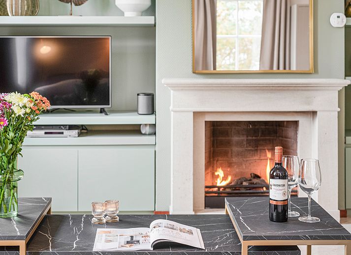 Gezellige zithoek met open haard in 4-persoons appartement Kasteeldomein De Cauberg, Zuid Limburg.