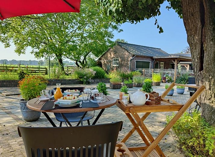 Voordeur met bloeiende boom bij Vakantiehuis in Mierlo, De Peel, Noord Brabant.