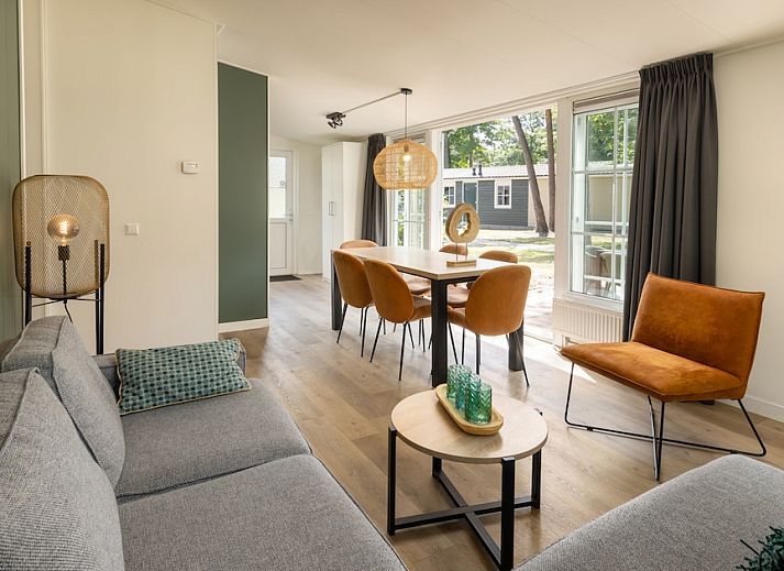 Cozy living room of Chalet 6 in Vlierden, De Peel, North Brabant with modern furnishings and views of the green surroundings.