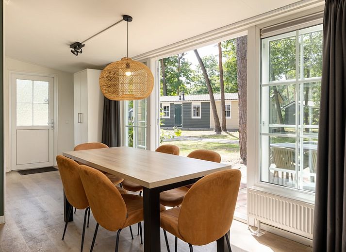 Cozy living room of Chalet 6 in Vlierden, De Peel, North Brabant with modern furnishings and views of the green surroundings.
