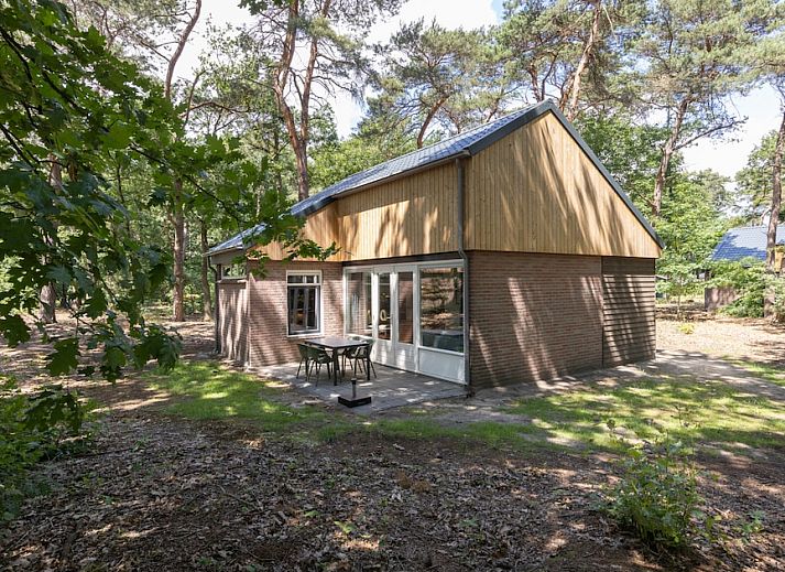 Bungalow 4 in Vlierden, De Peel, Noord Brabant, omgeven door bosrijke natuur met een gezellig terras voor een ontspannen verblijf.