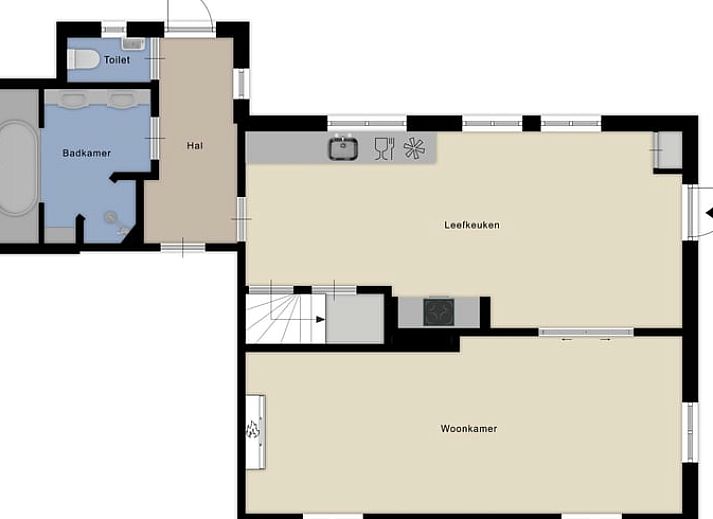 Ruime keuken in Vakantiehuisje in Deurne, Noord Brabant, met houten vloeren en veel lichtinval, ideaal voor een ontspannen verblijf.