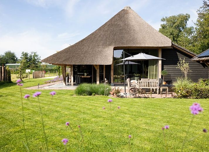 Stijlvolle eethoek op de veranda van Vakantiehuis in Baarle-Nassau met houten tafel en rieten stoelen.