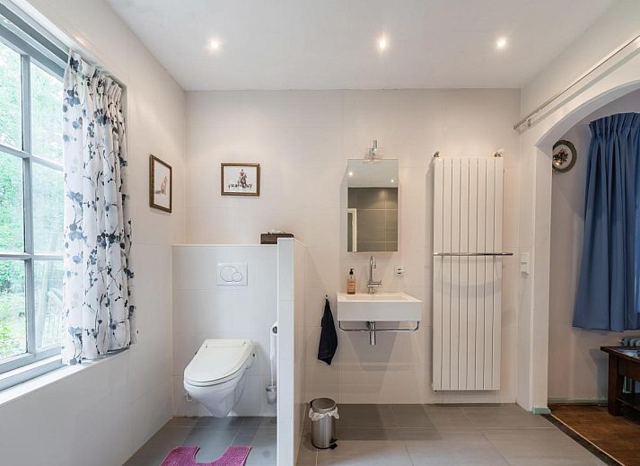 Rustiek terras bij Mc Ghil vakantiehuis in Baarle-Nassau, omringd door groene bomen.