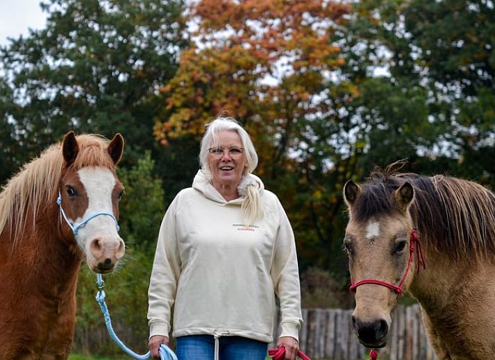 Kinder spielen im Garten von Huisje in Eersel, einem Ferienhaus in Eersel, Kempen, Nordbrabant.