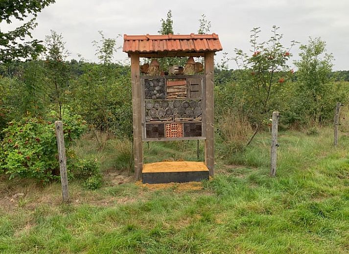 Gemuetliche Sitzecke mit amerikanischer Flagge im Huisje in Eersel, einem Ferienhaus in den Kempen, Nordbrabant.