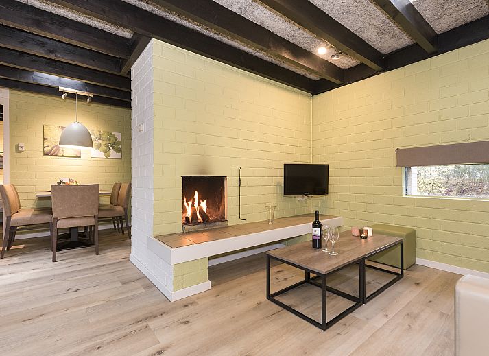 Gezellige woonkamer in Het Vennenbos 5-persoons bungalow 5B2 Hapert, met uitzicht op de groene omgeving.