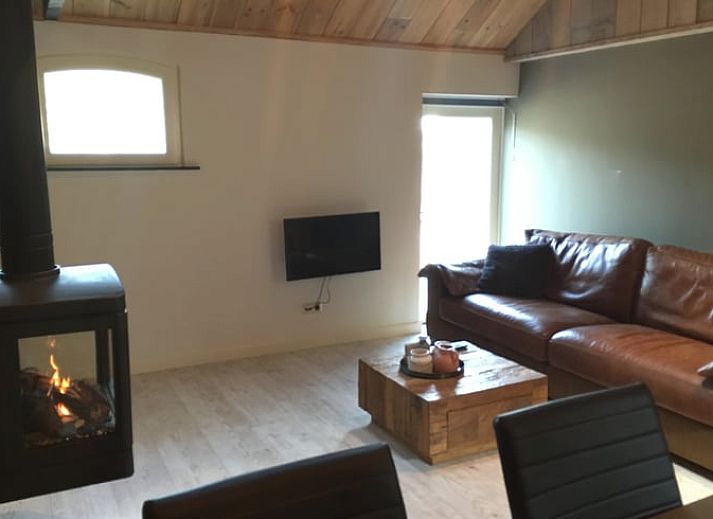 Cozy living room in Holiday home in Oisterwijk, North Brabant, with fireplace and comfortable seating area for a relaxing stay.