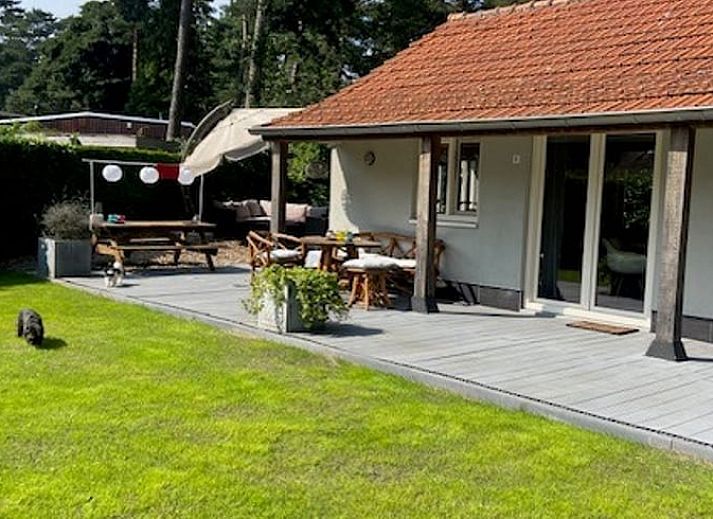 Gezellig terras bij Vakantiehuisje in Oisterwijk, Noord Brabant, ideaal voor ontspannen momenten in de natuur.