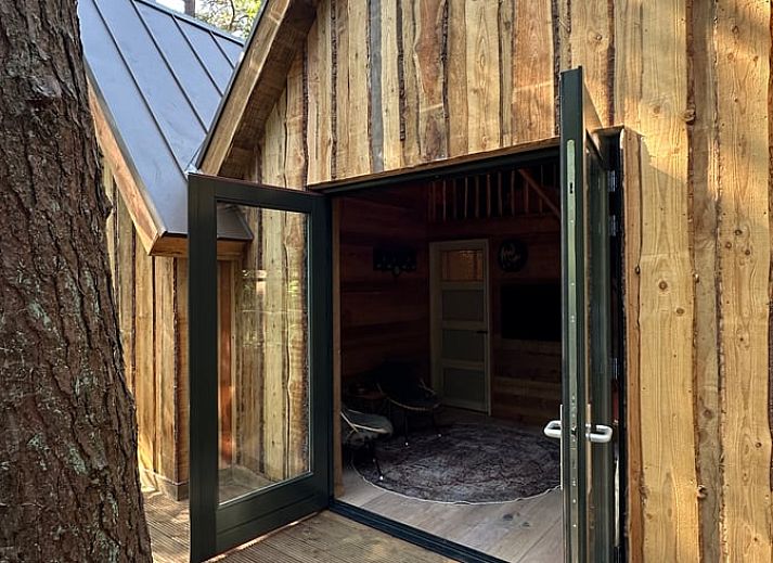 Dining area with deer chandelier in Cottage in Oisterwijk, vacation home in North Brabant.