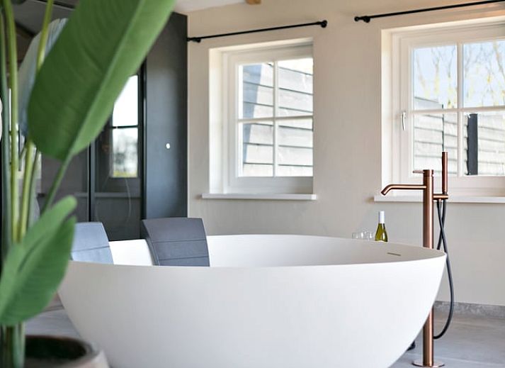 Stilvolles Badezimmer in einem Ferienhaus in Moergestel, im Herzen von Brabant, mit Designer-Badewanne und Glasdusche.
