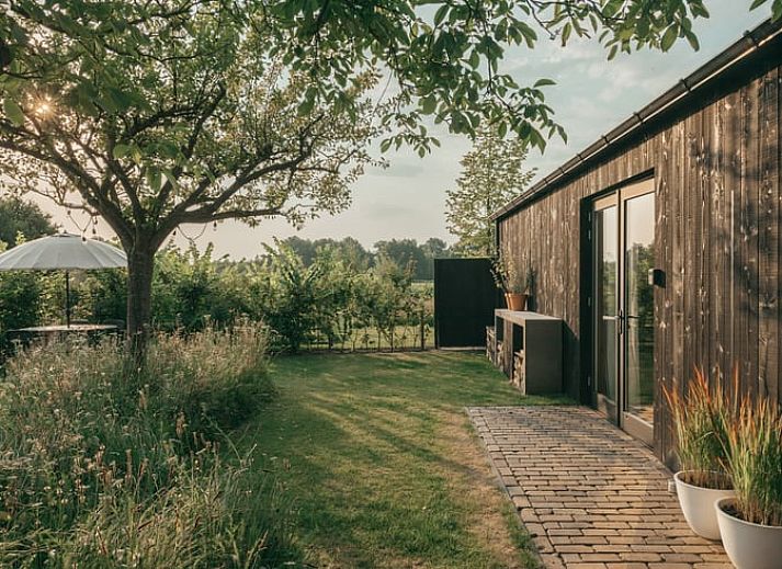 Cozy outdoor area at Holiday Home in Chaam, Heart of Brabant, North Brabant overlooking green fields.
