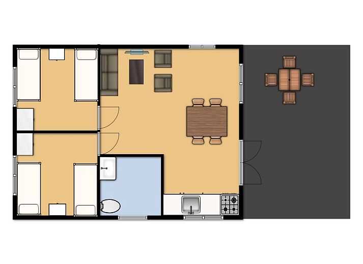 Veranda van Forest Lodge in Chaam, Noord Brabant, biedt een gezellige plek om te ontspannen in de natuur.