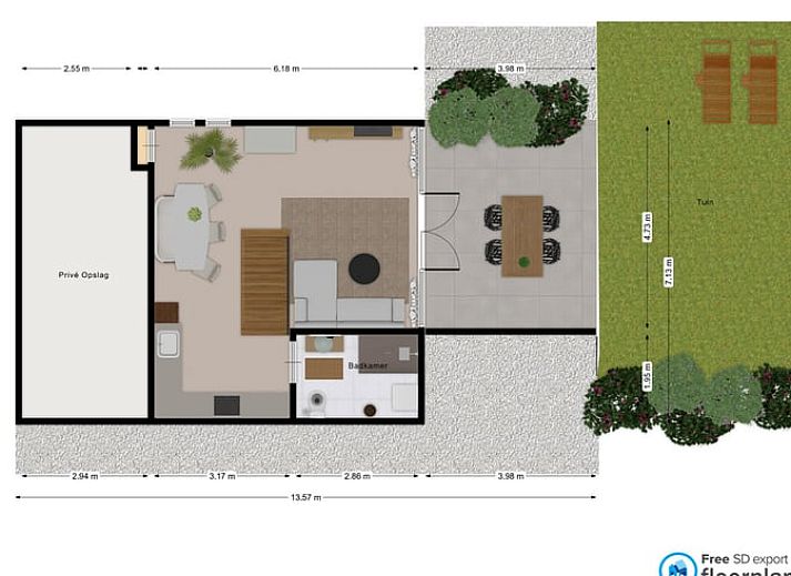 Gemuetliches Wohnzimmer im Ferienhaus in Leende, Nordbrabant mit bequemem Sofa und Gartenblick. Perfekt zum Entspannen.