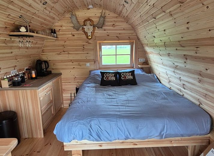 Zonnige dag bij Vakantiehuis in Overloon, Noordoost Brabant, met glamping lodge en picknicktafel in de tuin.