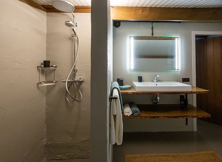 Moderne badkamer van vakantiehuis NB090 in Volkel, Noord Brabant met stijlvolle bakstenen muren.