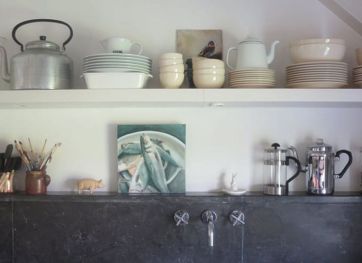 Oude houten kast bij Vakantiehuis in Oeffelt, Noordoost Brabant, omgeven door groene natuur.