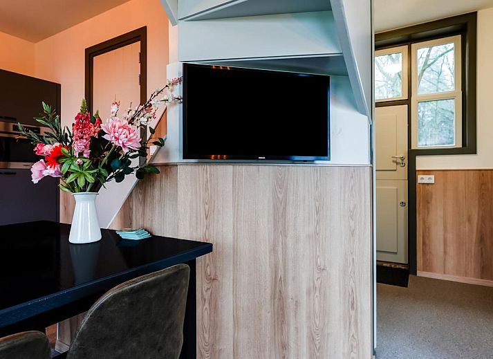 Gezellige woonkamer in vakantiehuis Bosbeertje 43 45, Erp, Noordoost Brabant, met comfortabele zithoek en sfeervolle verlichting.