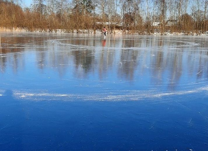 Terras met houten tafel en stoelen bij Grove Den in Sint-Oedenrode, Noord Brabant, omgeven door weelderige natuur.
