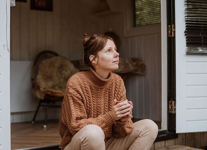 Gemuetliches Interieur von Huisje in Sint-Oedenrode, Ferienhaus in Nordost-Brabant, mit Holzinterieur und Blick auf die Natur.