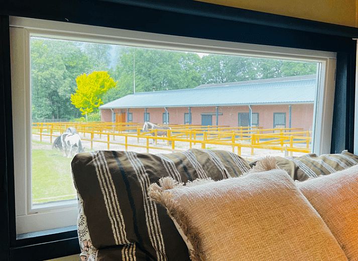 Gezellige binnenruimte van Huisje in Ledeacker, vakantiehuis in Noordoost Brabant met knusse zithoek en uitzicht op de groene omgeving.