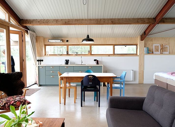 Terrasse des Ferienhauses in Gilze mit Holzmoebeln, Westbrabant, Nordbrabant.