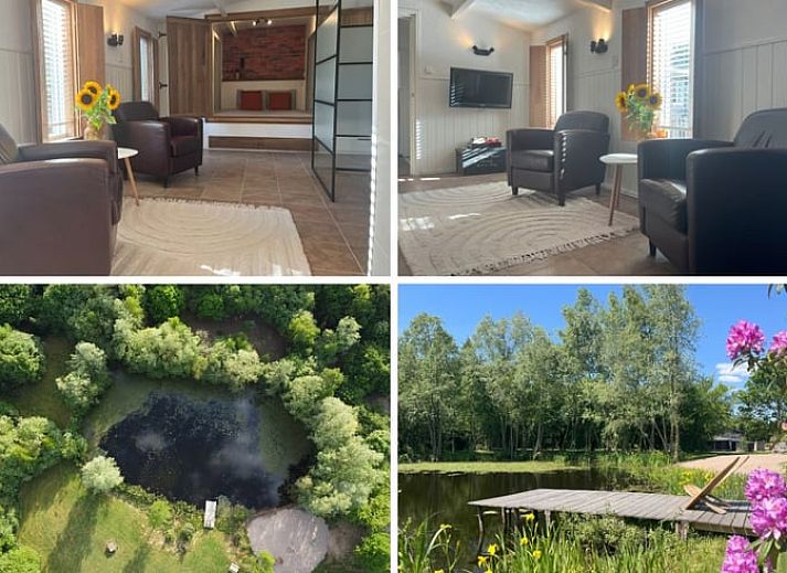 Gemuetliches Wohnzimmer im Cottage in Hoogerheide, Ferienhaus in Westbrabant, Nordbrabant mit bequemen Stuehlen und Sonnenblumen.