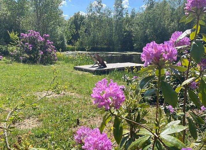 Gemuetliches Schlafzimmer mit Kartendekor in einem Ferienhaus in Hoogerheide, Westbrabant.