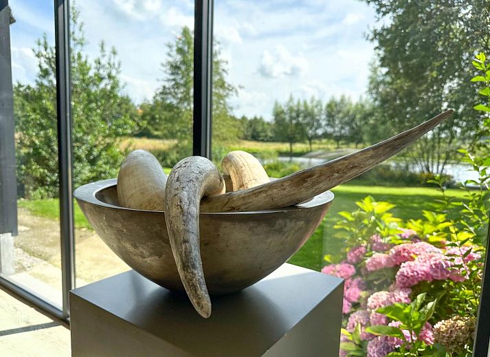 Modernes Wohnzimmer im Ferienhaus De Karkooi in Rijsbergen mit Blick auf die Natur.