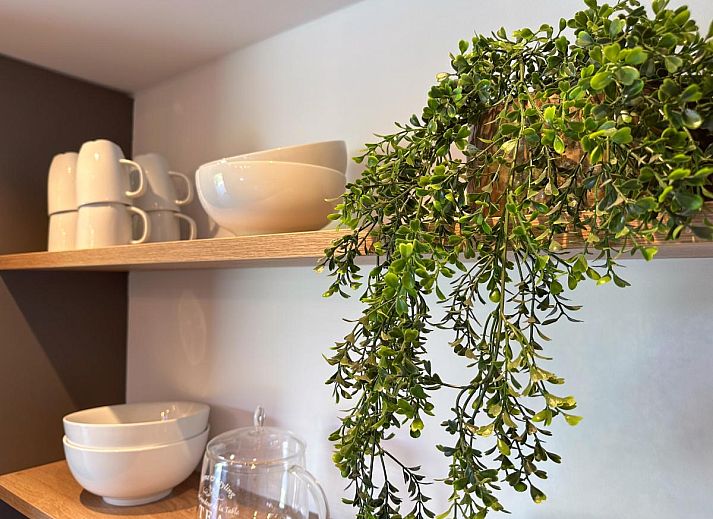 Stylish living room of De Stal vacation home in Rijsbergen with open kitchen and modern furnishings.