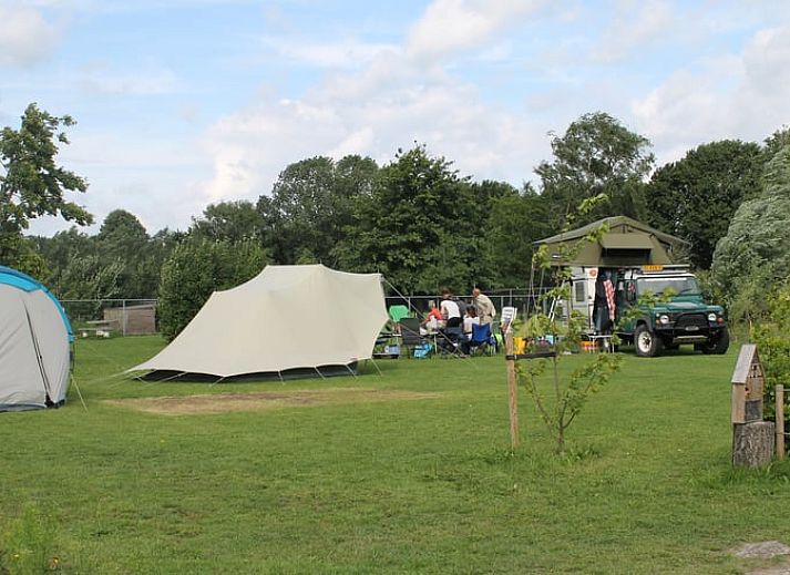 Gemuetliches Holzhaus im Cottage in Terheijden, Nordbrabant, mit Fahrraedern und Liegestuehlen auf dem Rasen.
