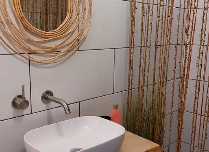 Stijlvolle badkamer van Wagen Cosy in Spaarndam met natuurlijke houten elementen en moderne wastafel bij de Noordzeekust in Noord-Holland.