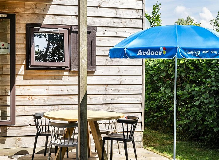 Gemuetliches Zimmer in der Woodlodge fuer 4 Personen in Julianadorp, Nordseekueste, Nordholland mit Holzausstattung und Blick auf die Terrasse.