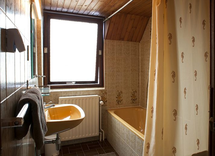 Gemuetliches Wohnzimmer in der Wohnung De Klok III, Egmond aan Zee, Nordseekueste, mit bequemer Sitzecke und Kueche.