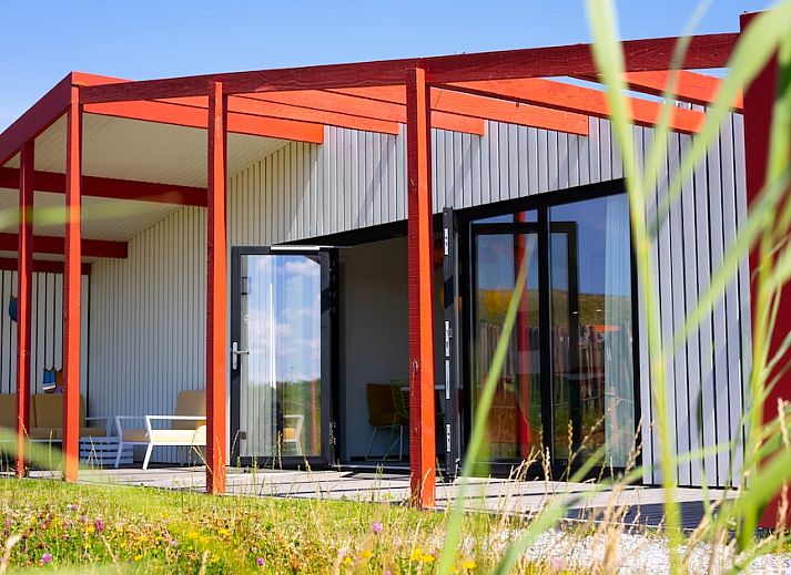 Gezellige woonkamer van Tulip Mania 4 vakantiehuis in Callantsoog, Noord-Holland, met kleurrijk interieur en moderne keuken aan de Noordzeekust.