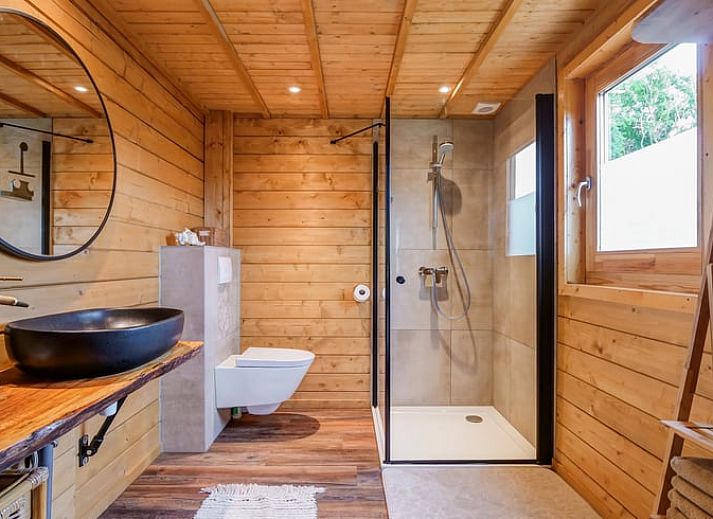 Rustikales Ferienhaus in Callantsoog, Nordseekueste, Nordholland, umgeben von gruener Natur und einer einladenden Terrasse.