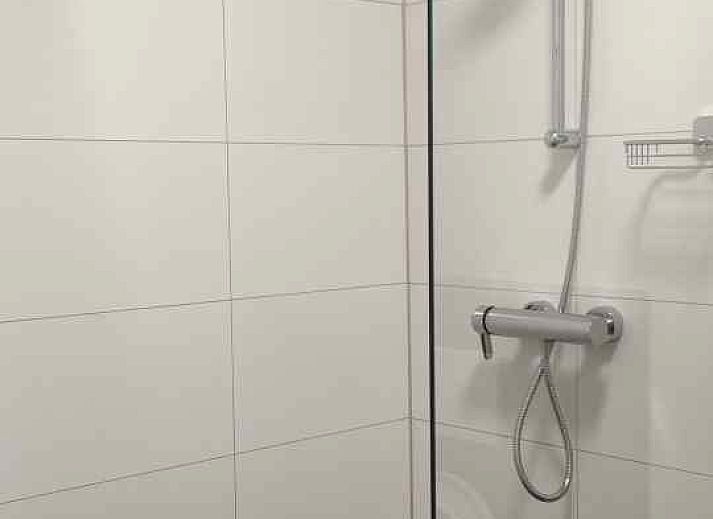 Terrasse des Ferienhauses NH213 in Callantsoog, Nordseekueste, mit Gartenmoebeln aus Holz und gruener Umgebung.