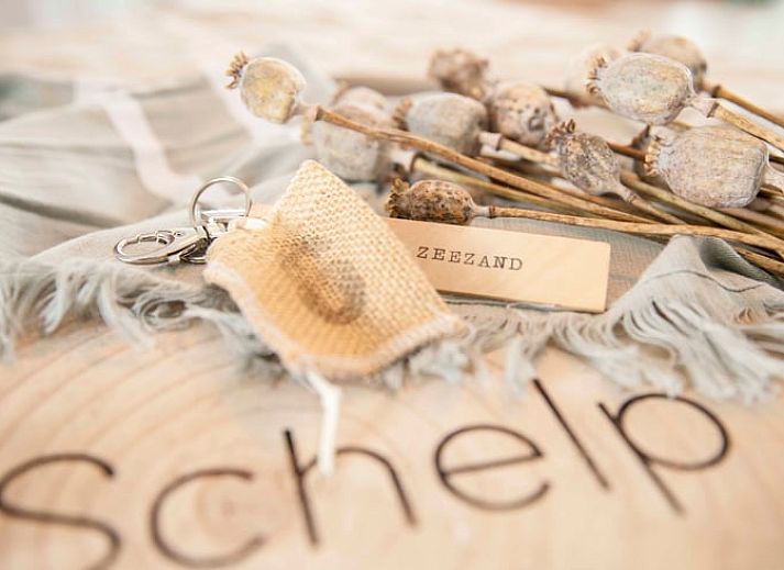 Schluesselanhaenger des Ferienhauses in Callantsoog, Nordseekueste, Nordholland, auf einem rustikalen Hintergrund.