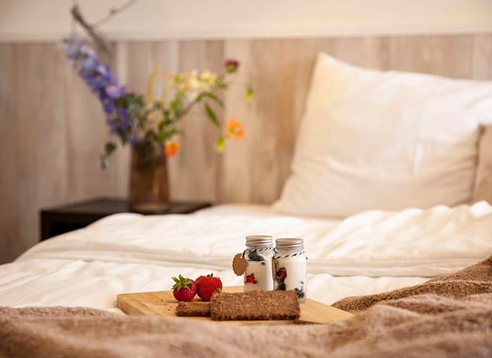 Sonnige Terrasse am Ferienhaus in Callantsoog, Nordseekueste, Nordholland, mit bequemen Sitzgelegenheiten.