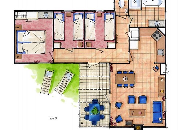 Cozy living room of Bungalow type D, sleeps 6 in Sint Maartenszee, North Sea coast, North Holland with large windows.