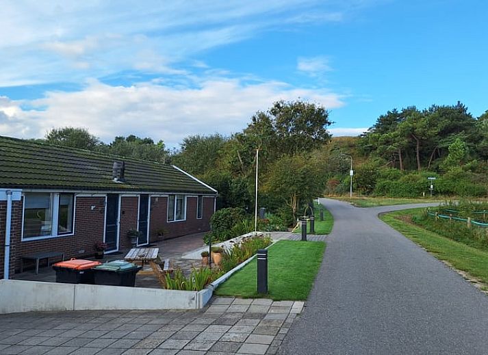 Gezellig terras bij Vakantiehuisje in Egmond aan den Hoef, omgeven door natuur en bloemenpracht in Noord-Holland.